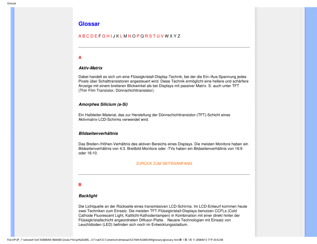 Philips 240SW9 user manual Glossar, Aktiv-Matrix 