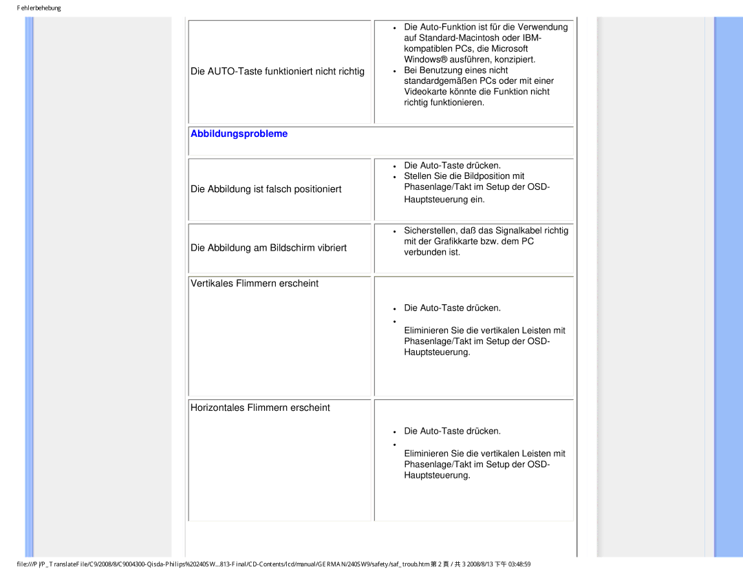 Philips 240SW9 user manual Abbildungsprobleme, Horizontales Flimmern erscheint 