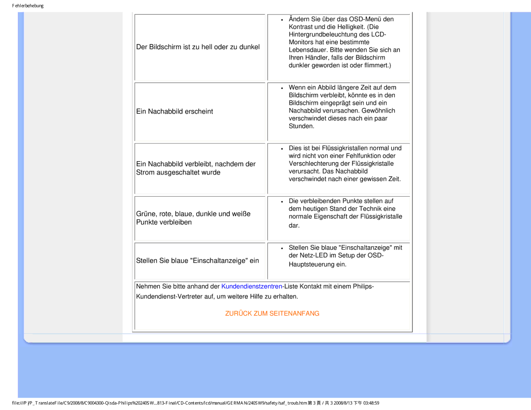 Philips 240SW9 user manual Zurück ZUM Seitenanfang 