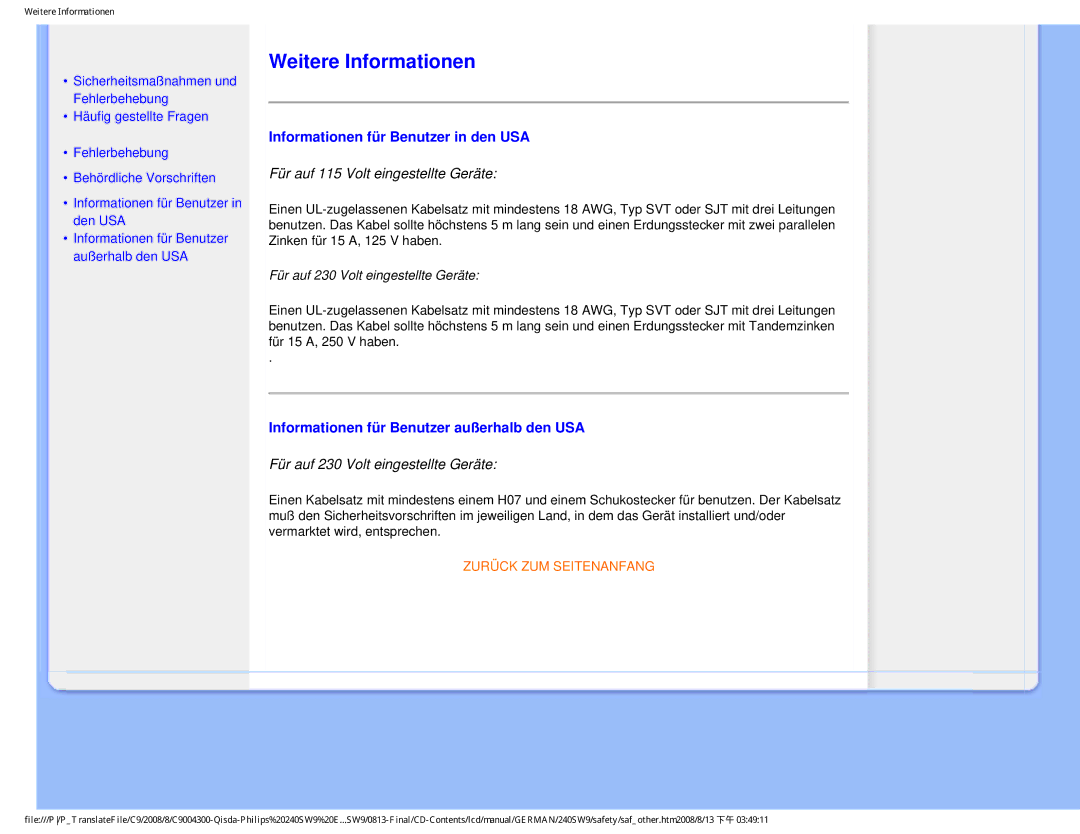 Philips 240SW9 Weitere Informationen, Informationen für Benutzer in den USA, Informationen für Benutzer außerhalb den USA 