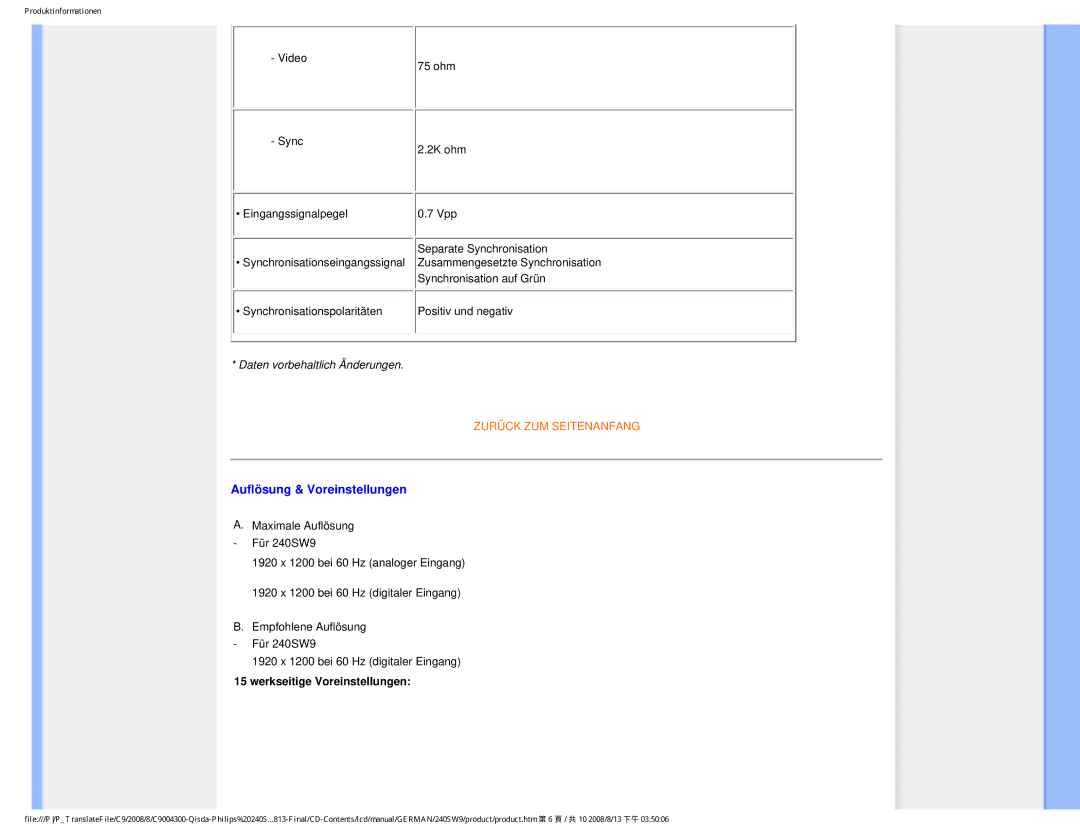 Philips 240SW9 user manual Auflösung & Voreinstellungen, Werkseitige Voreinstellungen 