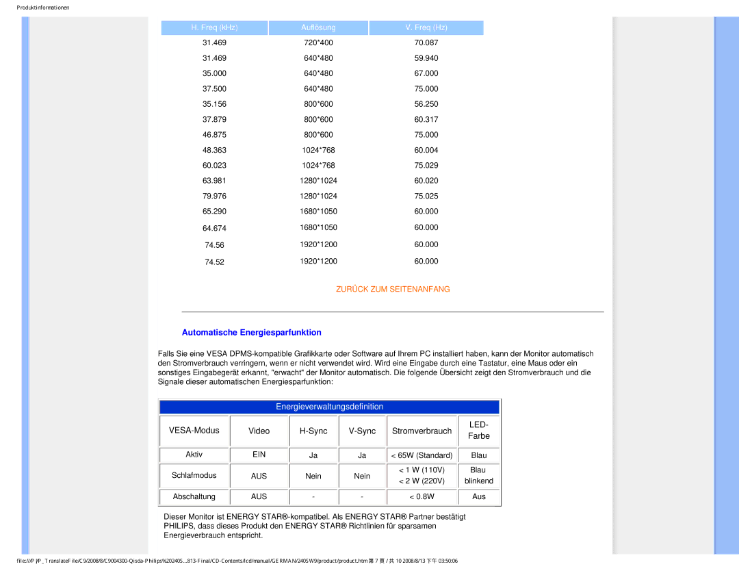 Philips 240SW9 user manual Automatische Energiesparfunktion, Freq kHz Auflösung Freq Hz 