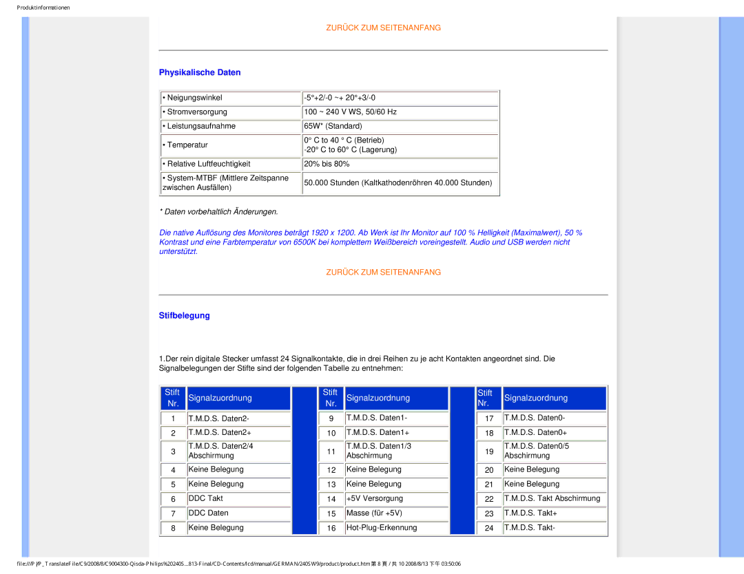 Philips 240SW9 user manual Physikalische Daten, Stifbelegung 