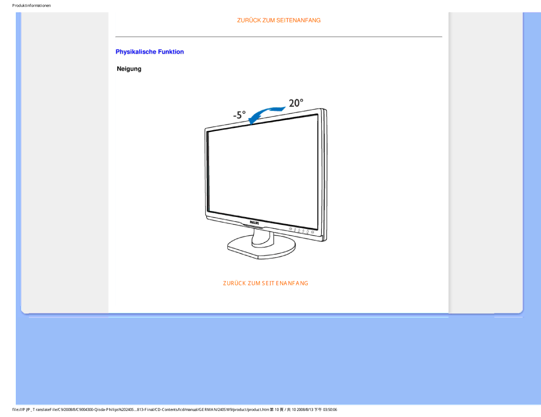 Philips 240SW9 user manual Physikalische Funktion, Neigung 