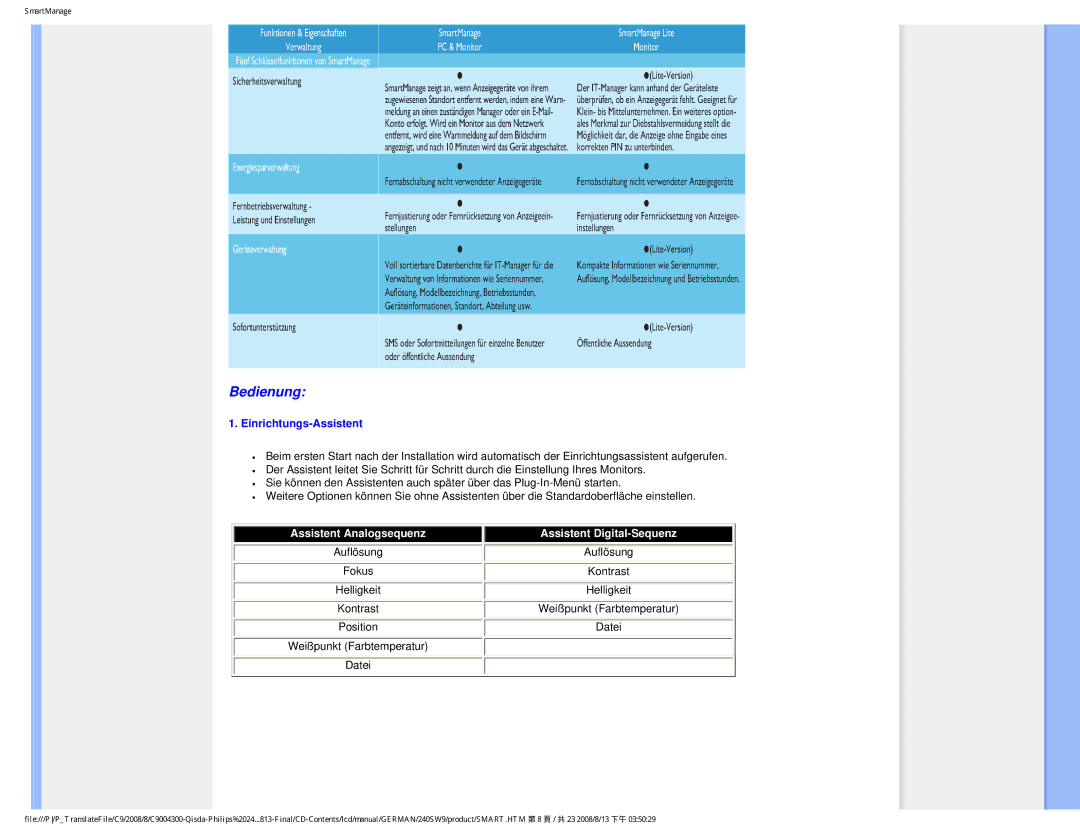 Philips 240SW9 user manual Bedienung, Einrichtungs-Assistent 