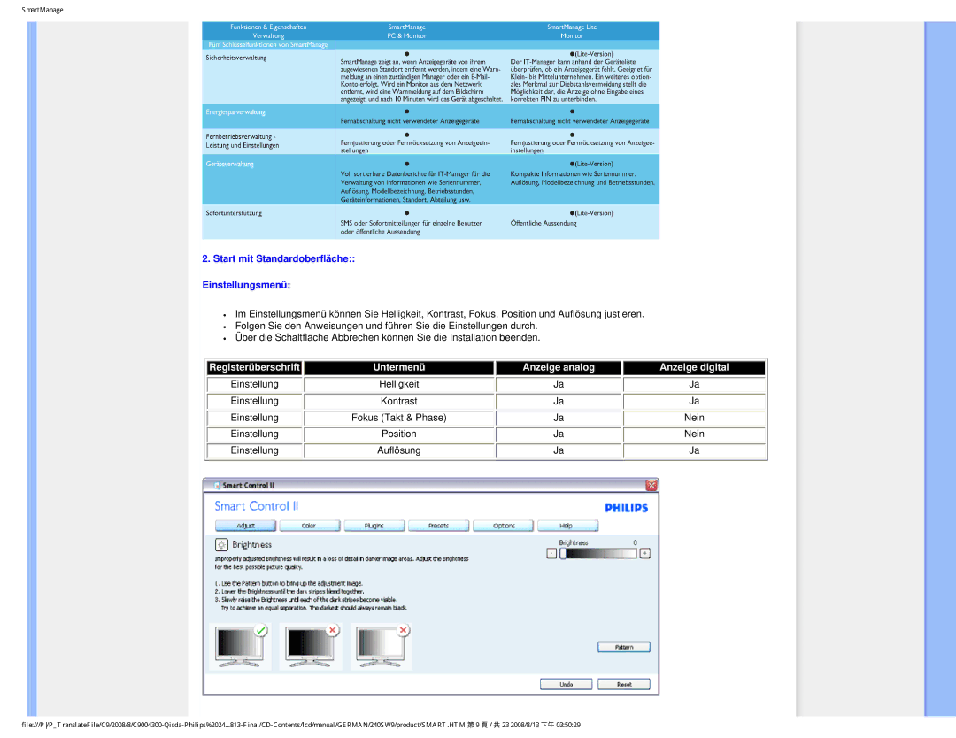 Philips 240SW9 user manual Einstellung Helligkeit 