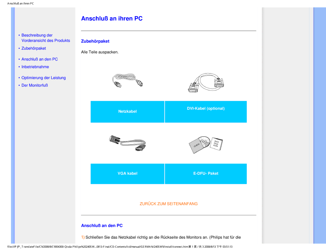 Philips 240SW9 user manual Anschluß an ihren PC, Zubehörpaket, Anschluß an den PC 