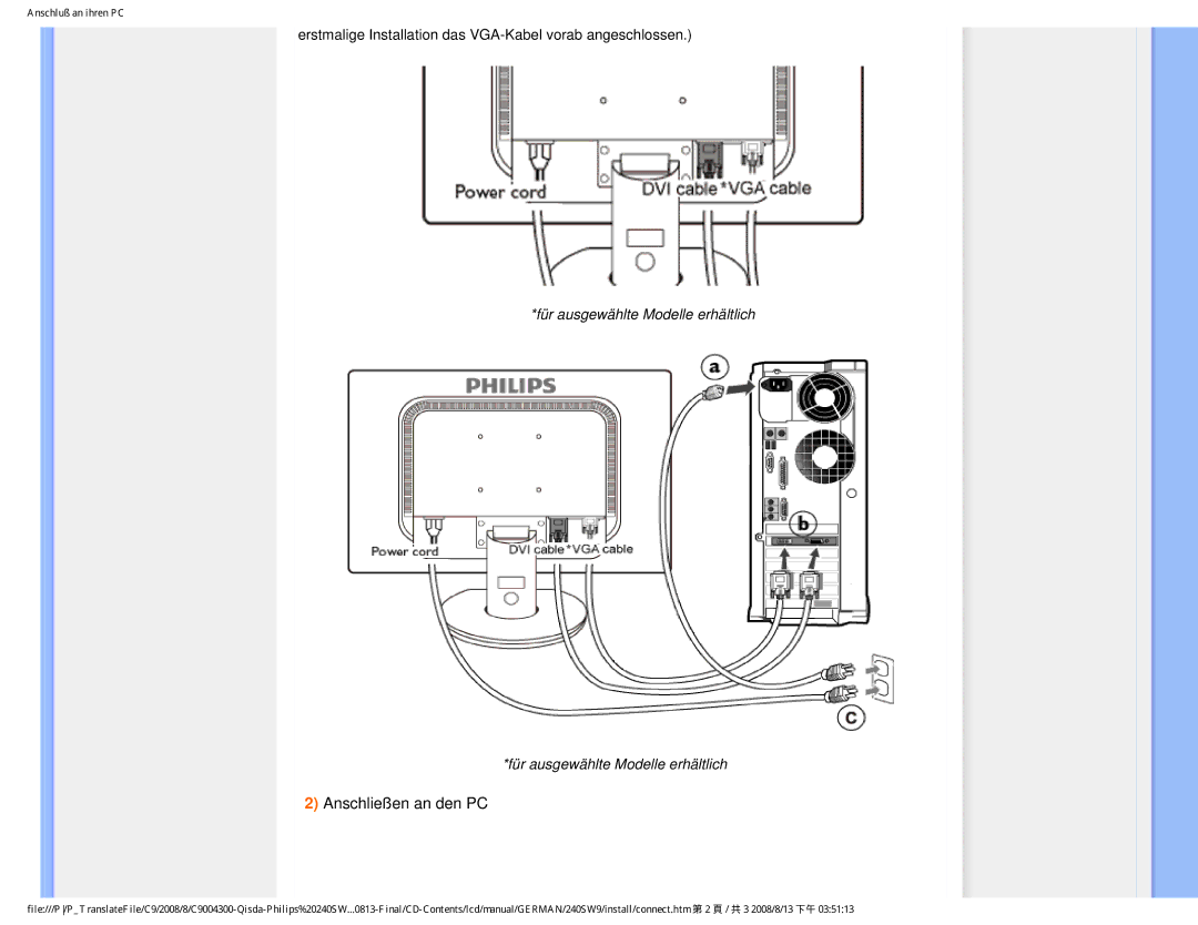 Philips 240SW9 user manual Anschließen an den PC 