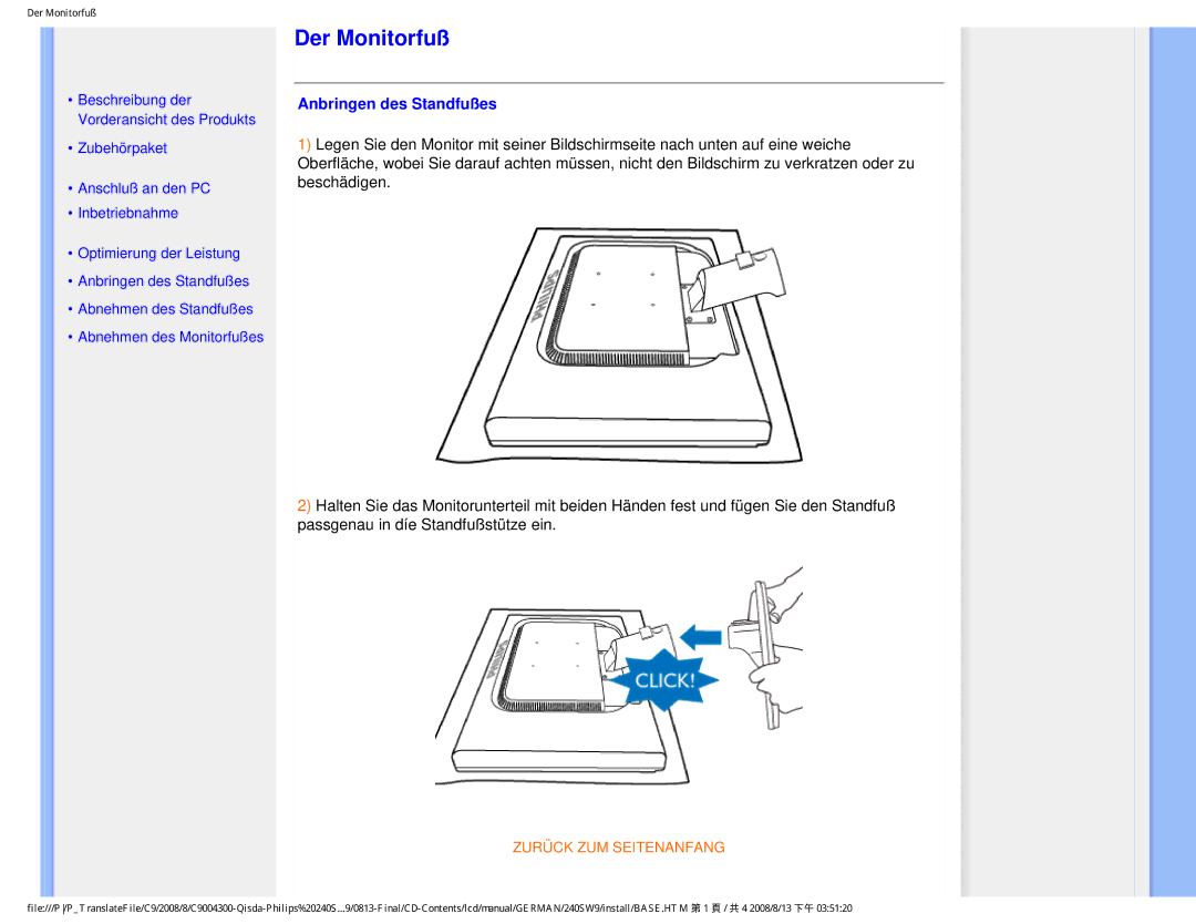 Philips 240SW9 user manual Der Monitorfuß, Anbringen des Standfußes 