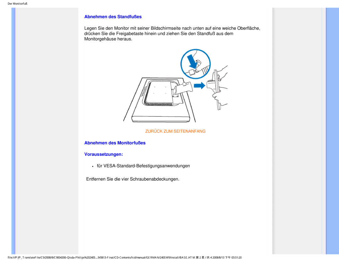 Philips 240SW9 user manual Abnehmen des Standfußes, Abnehmen des Monitorfußes Voraussetzungen 