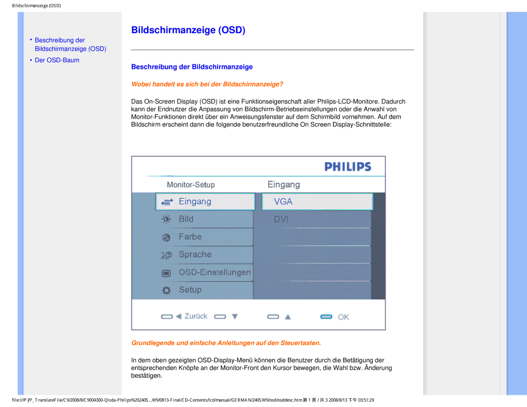 Philips 240SW9 user manual Bildschirmanzeige OSD, Beschreibung der Bildschirmanzeige 