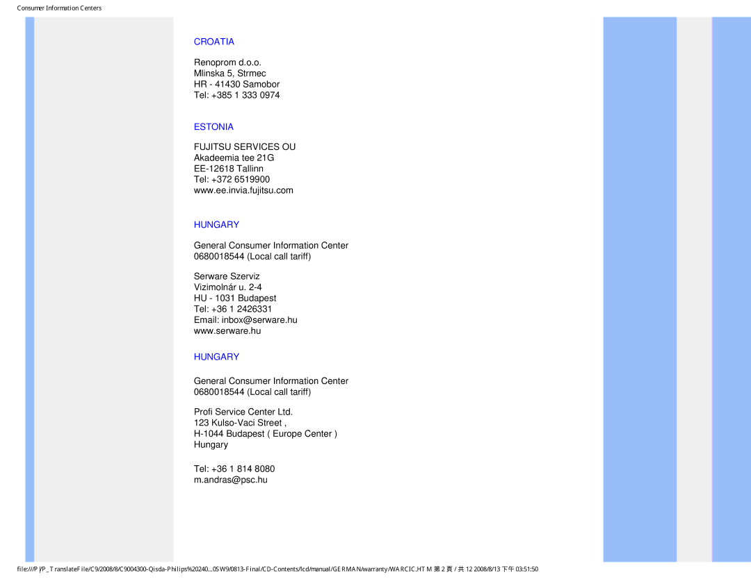 Philips 240SW9 user manual Croatia, Estonia, Hungary 