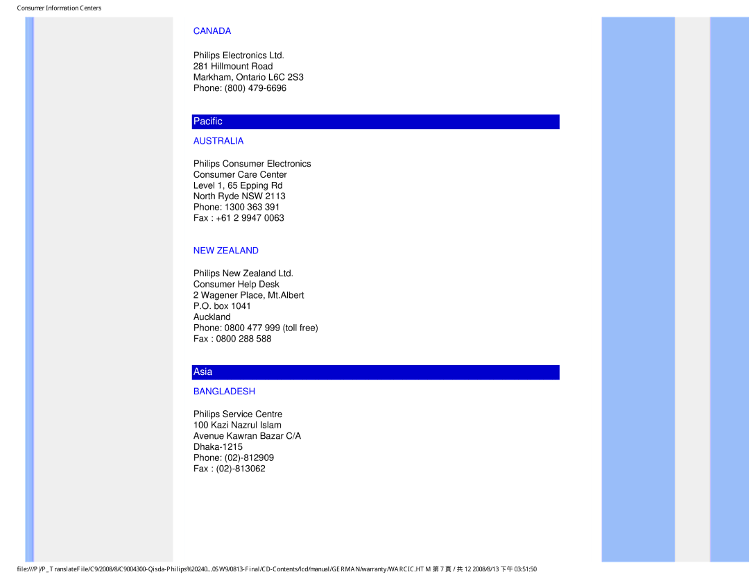 Philips 240SW9 user manual Canada, Australia, NEW Zealand, Bangladesh 