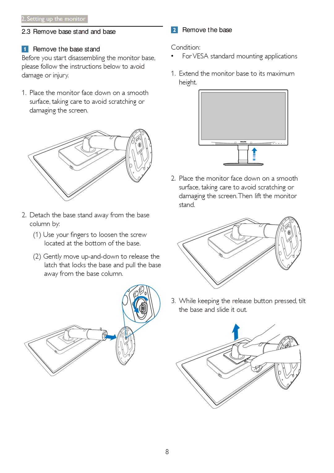 Philips 241B4LP user manual Remove base stand and base Remove the base stand 