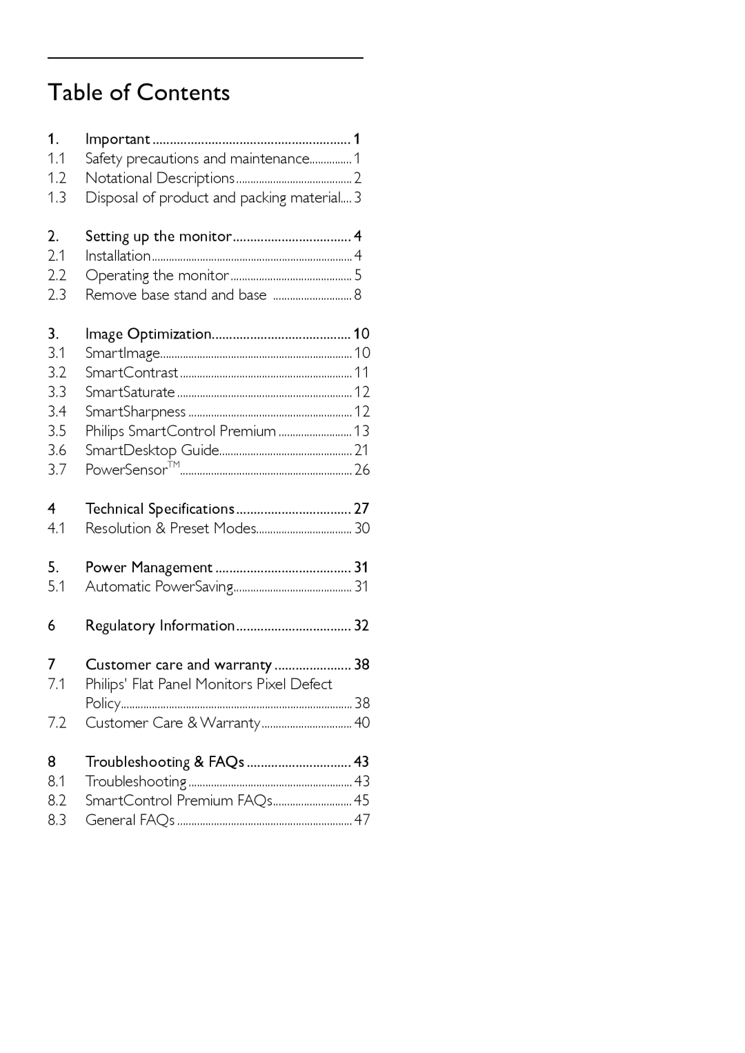 Philips 241B4LP user manual Table of Contents 