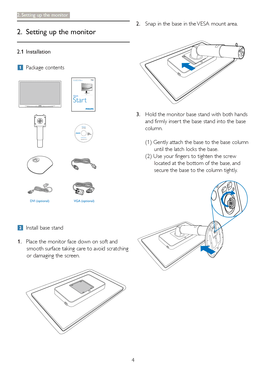 Philips 241B4LP user manual Setting up the monitor 