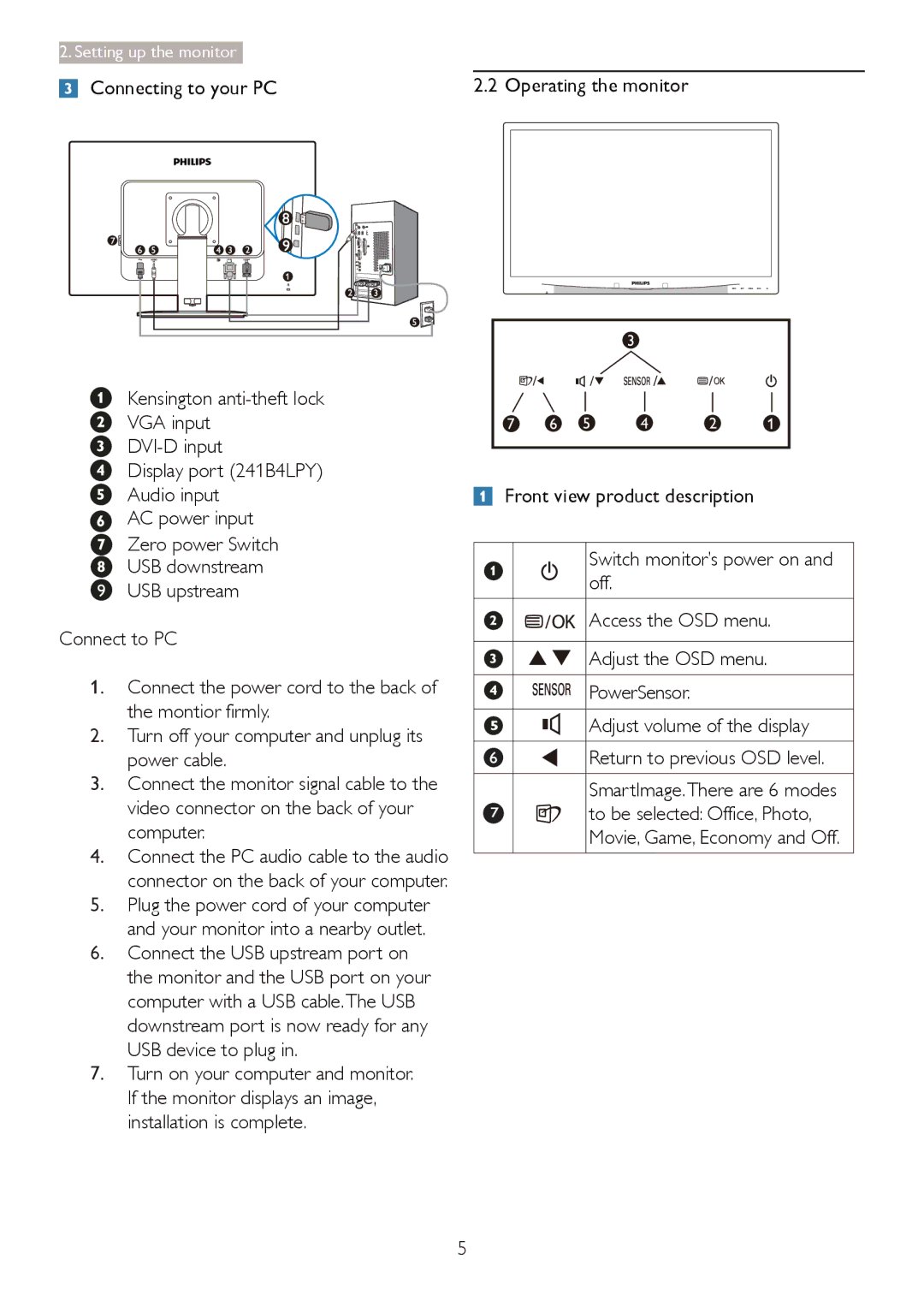 Philips 241B4LP user manual Setting up the monitor 