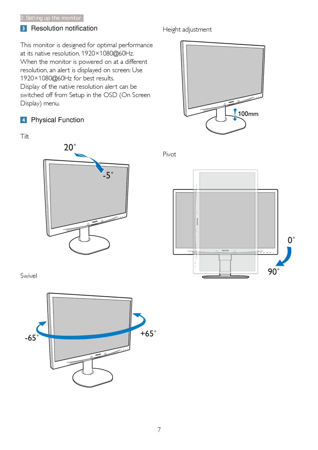 Philips 241B4LP user manual 100mm, Pivot 