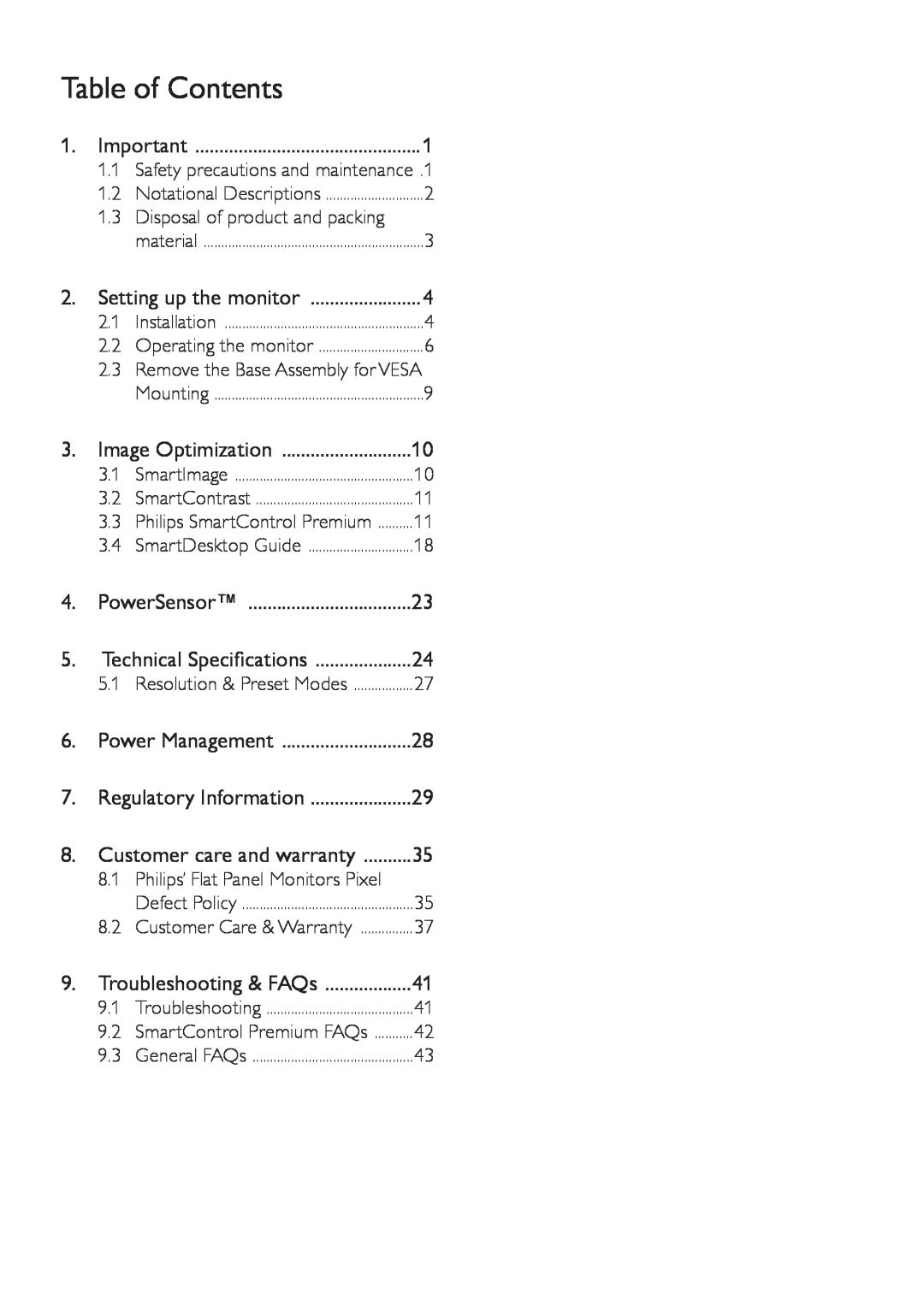 Philips 241B4LPYCB user manual Table of Contents 