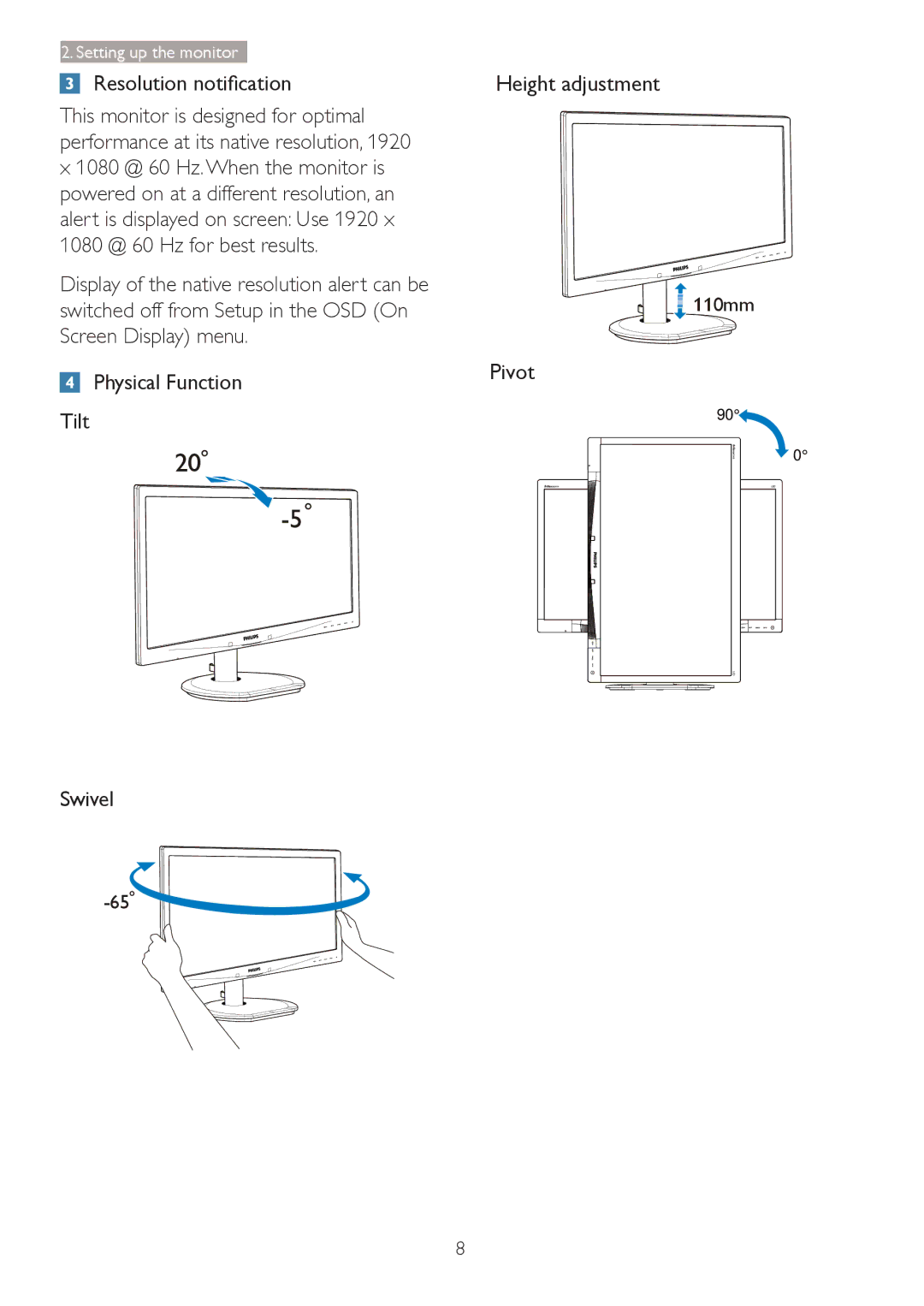 Philips 241B4LPYCB user manual Height adjustment 