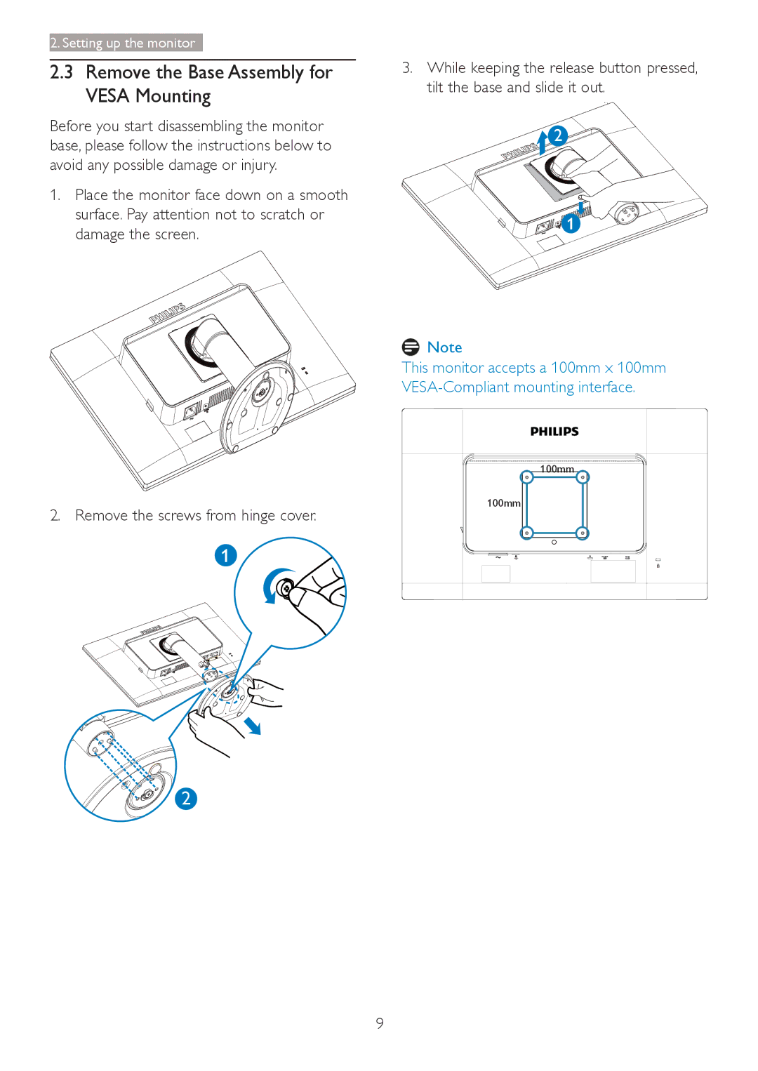 Philips 241B4LPYCB user manual Remove the Base Assembly for Vesa Mounting 