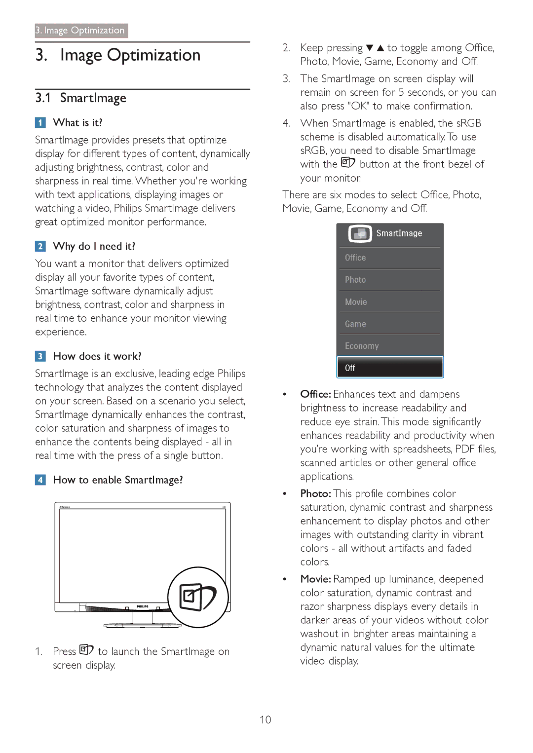 Philips 241B4LPYCB user manual Image Optimization, SmartImage 