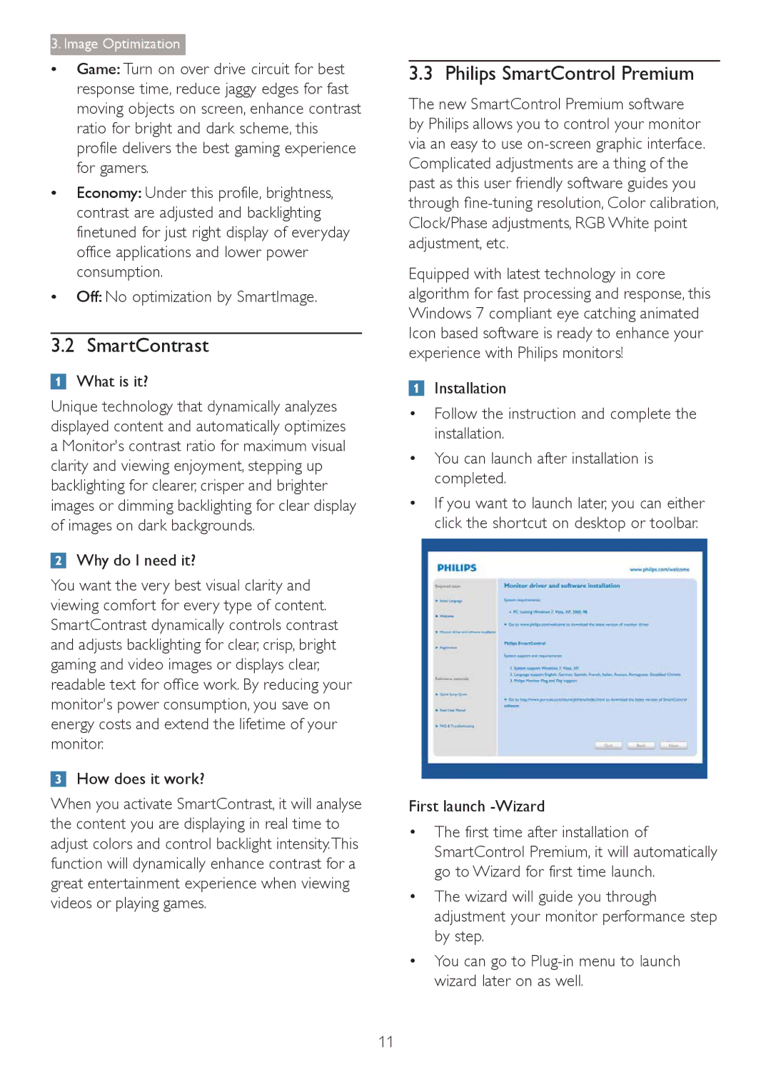 Philips 241B4LPYCB user manual SmartContrast, Philips SmartControl Premium, First launch -Wizard 