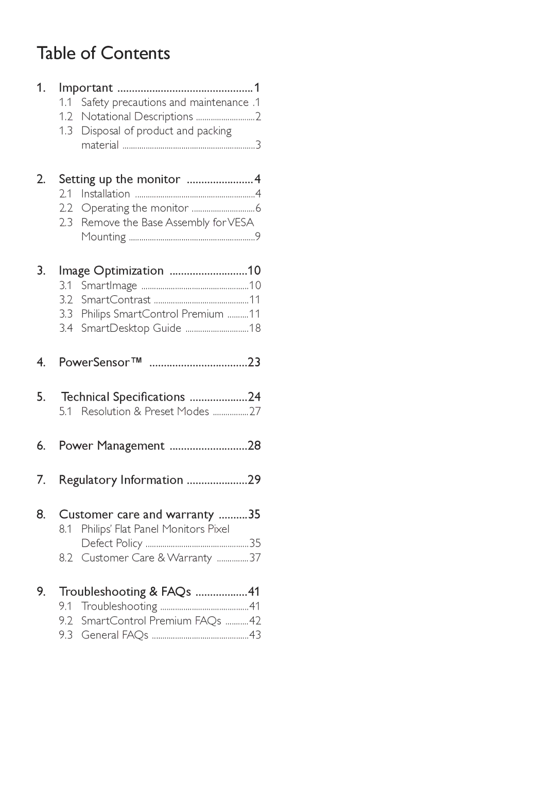 Philips 241B4LPYCB user manual Table of Contents 