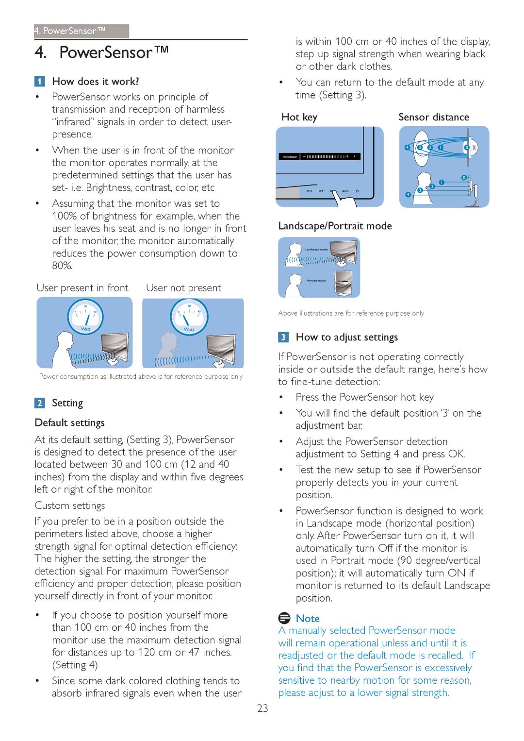 Philips 241B4LPYCB user manual PowerSensor, Setting Default settings, Custom settings, Landscape/Portrait mode 