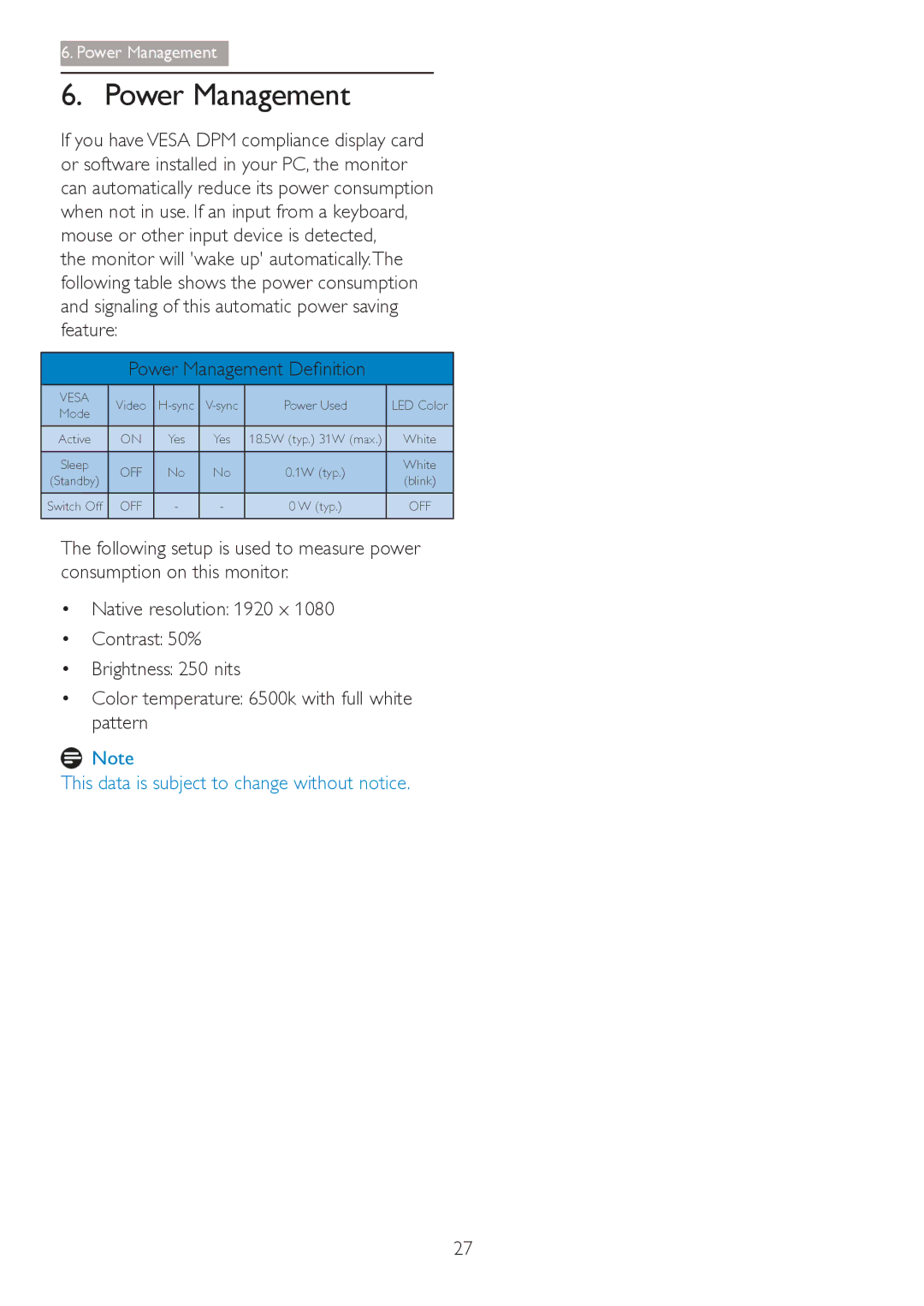 Philips 241B4LPYCB user manual Power Management, 3RZHU0DQDJHPHQWHÀQLWLRQ 