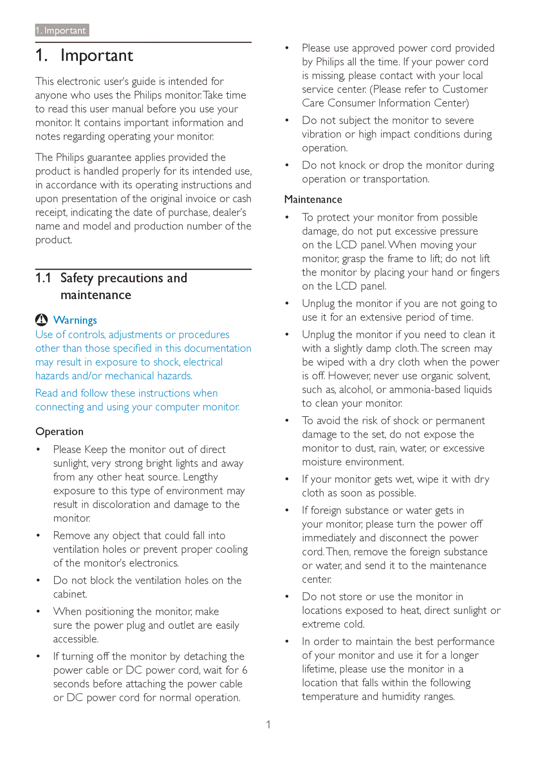 Philips 241B4LPYCB user manual Safety precautions and maintenance, Operation 