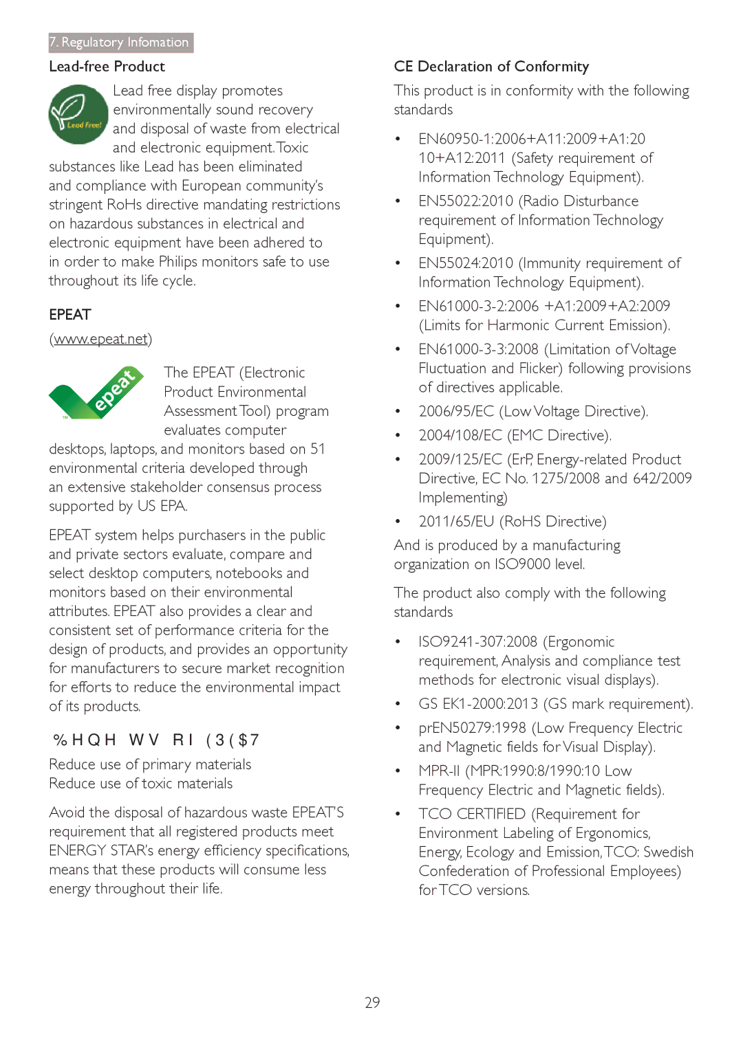 Philips 241B4LPYCB Lead-free Product, Epeat Electronic Product Environmental, ‡ GS EK1-20002013 GS mark requirement 