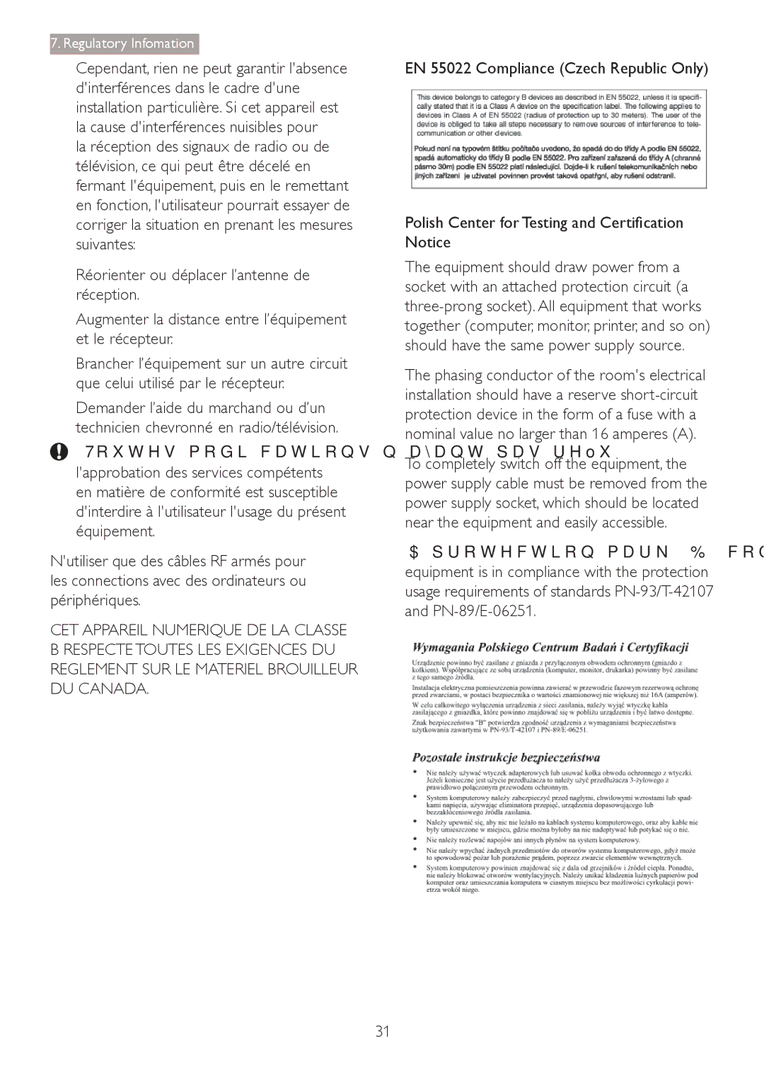 Philips 241B4LPYCB user manual EN 55022 Compliance Czech Republic Only, 3ROLVK&HQWHUIRU7HVWLQJDQG&HUWLÀFDWLRQ 