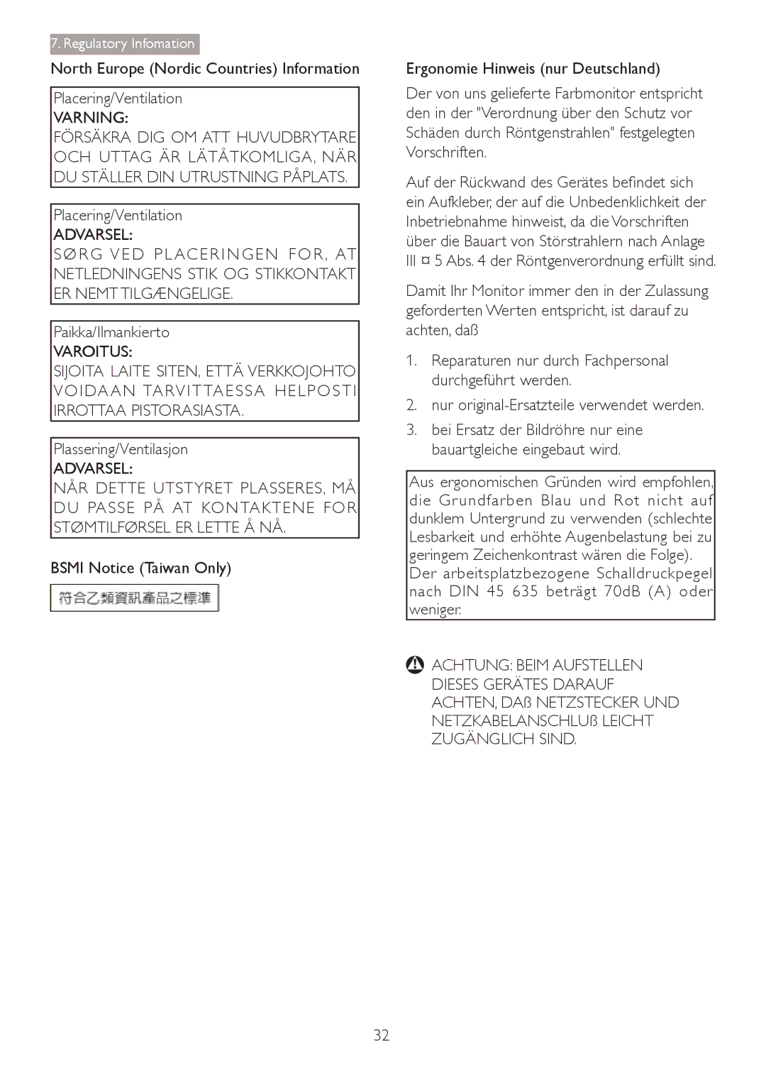 Philips 241B4LPYCB user manual Varning, Bsmi Notice Taiwan Only Ergonomie Hinweis nur Deutschland, Achtung Beim Aufstellen 