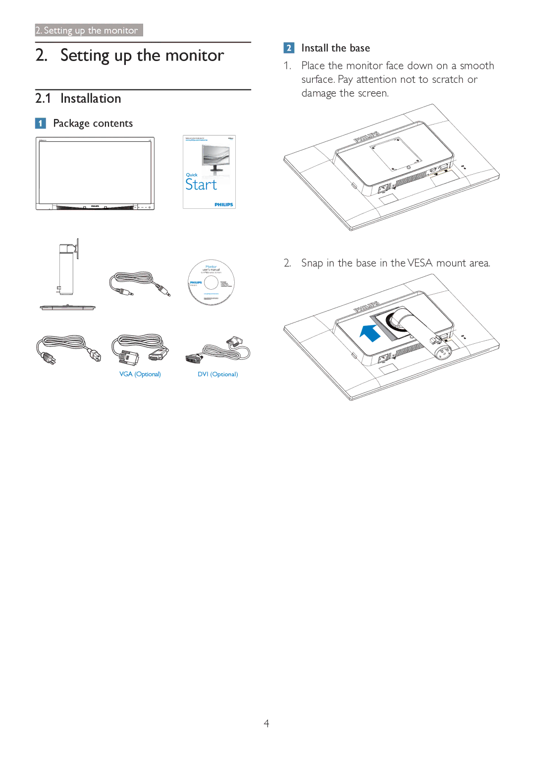 Philips 241B4LPYCB user manual Setting up the monitor, Installation, Package contents 