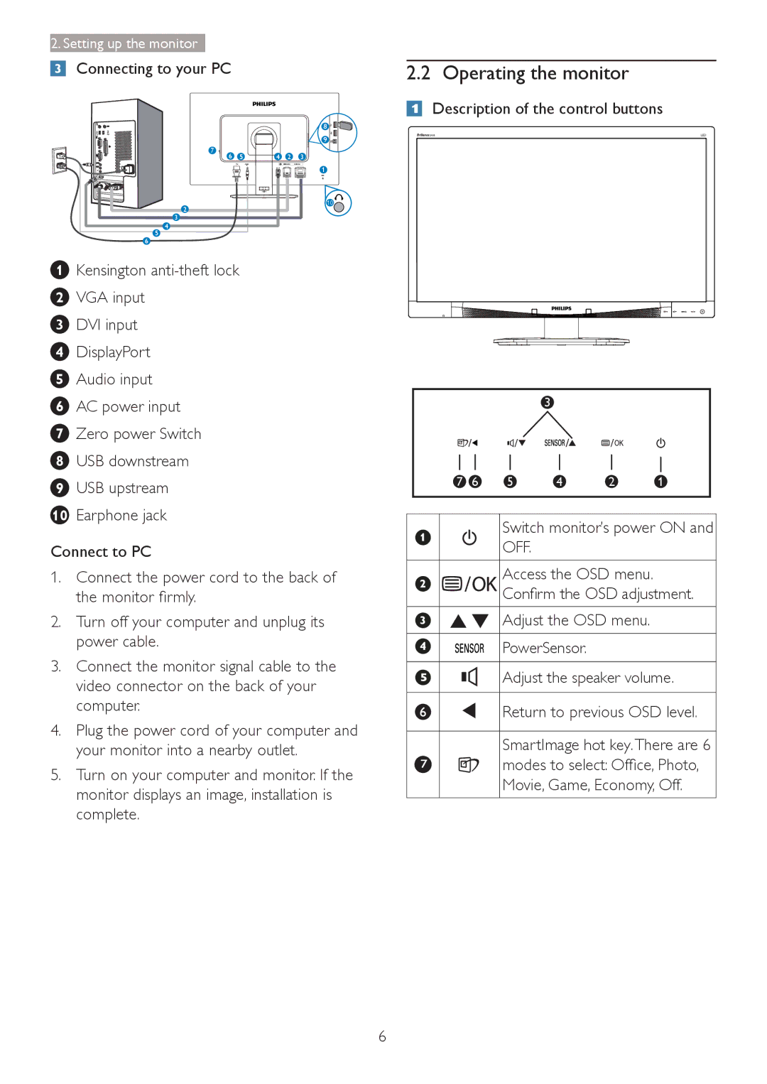 Philips 241B4LPYCB user manual Operating the monitor, WkhPrqlwruÀupo\, Movie, Game, Economy, Off 