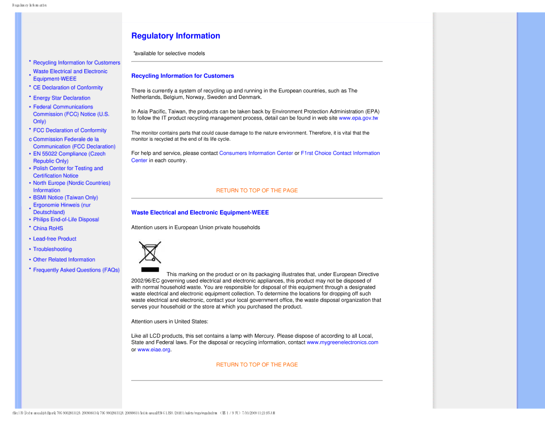 Philips 2.41E+03 user manual Recycling Information for Customers, Waste Electrical and Electronic Equipment-WEEE 