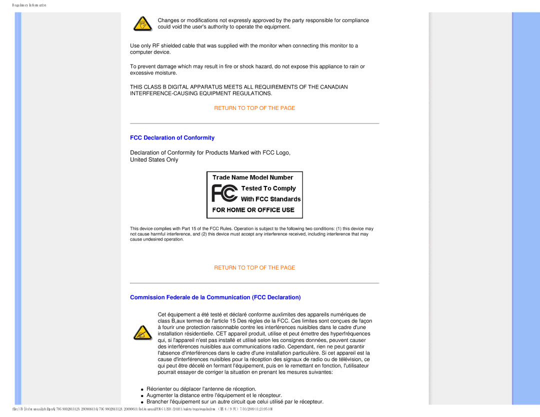 Philips 2.41E+03 user manual FCC Declaration of Conformity, Commission Federale de la Communication FCC Declaration 