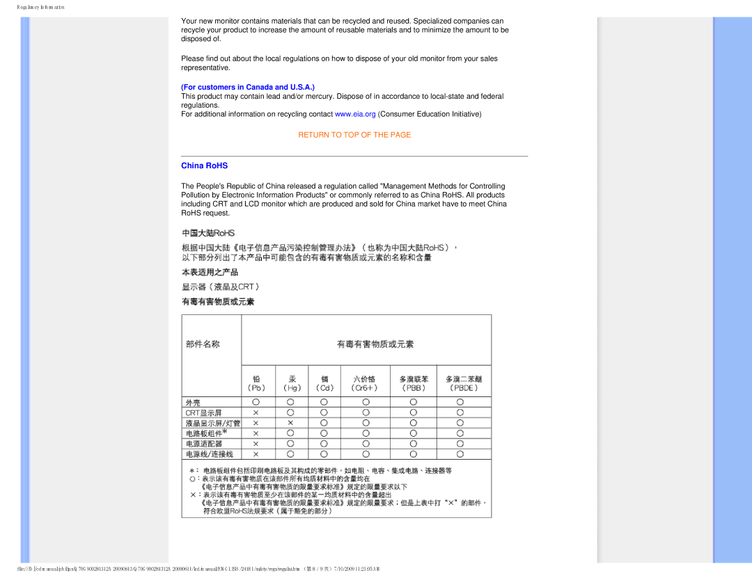 Philips 2.41E+03 user manual China RoHS, For customers in Canada and U.S.A 