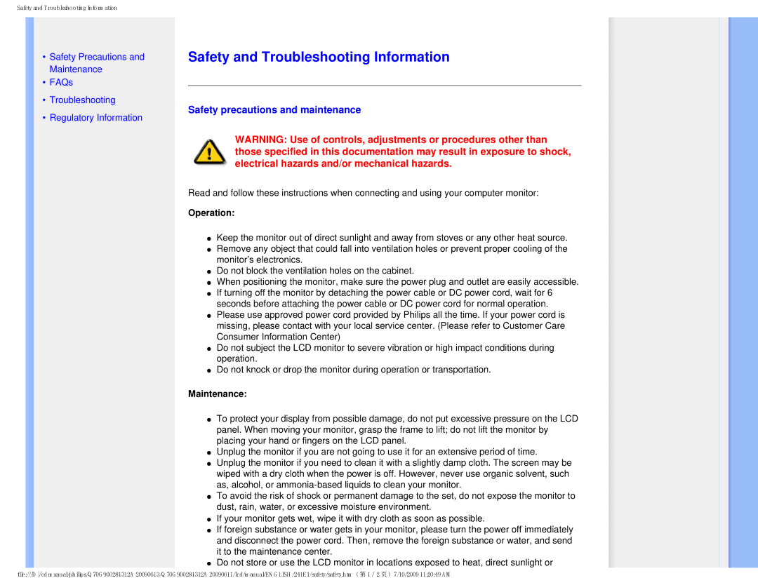 Philips 2.41E+03 user manual Safety and Troubleshooting Information, Safety precautions and maintenance 