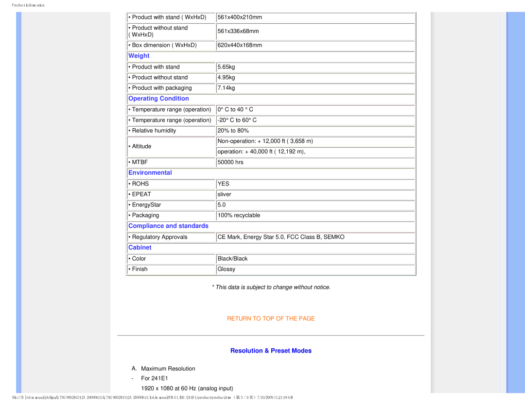 Philips 2.41E+03 user manual Cabinet, Resolution & Preset Modes 