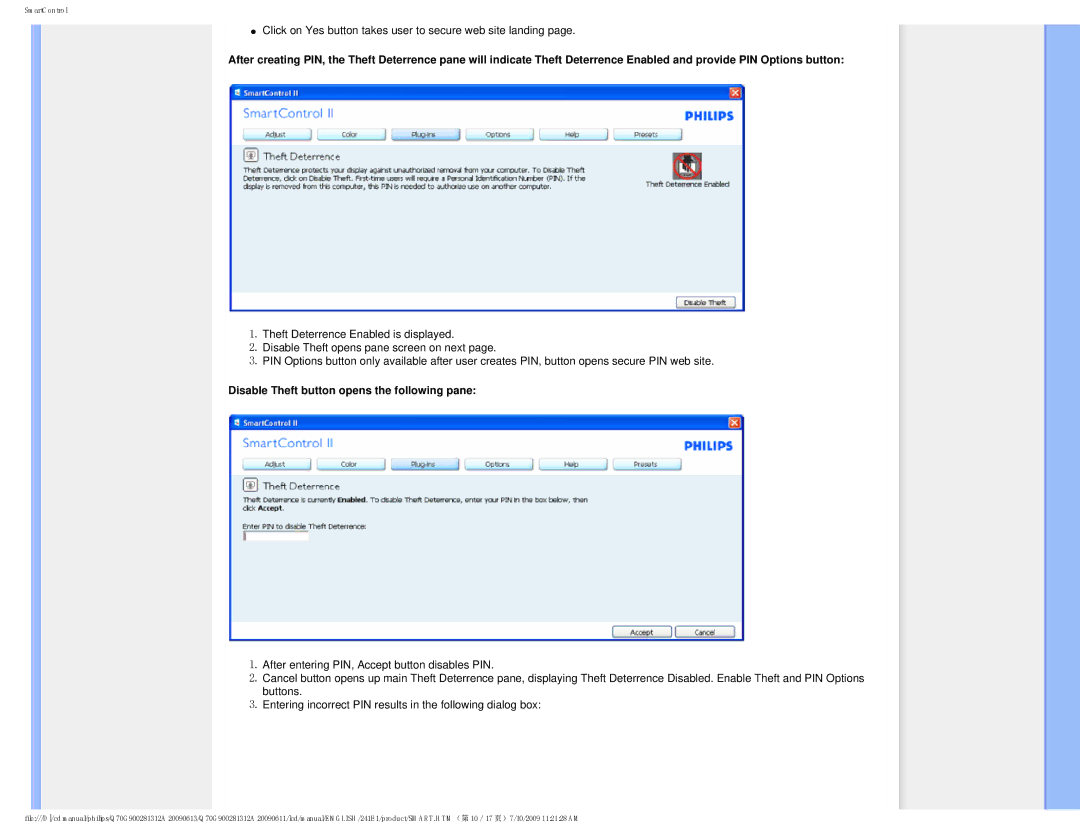 Philips 2.41E+03 user manual Disable Theft button opens the following pane 