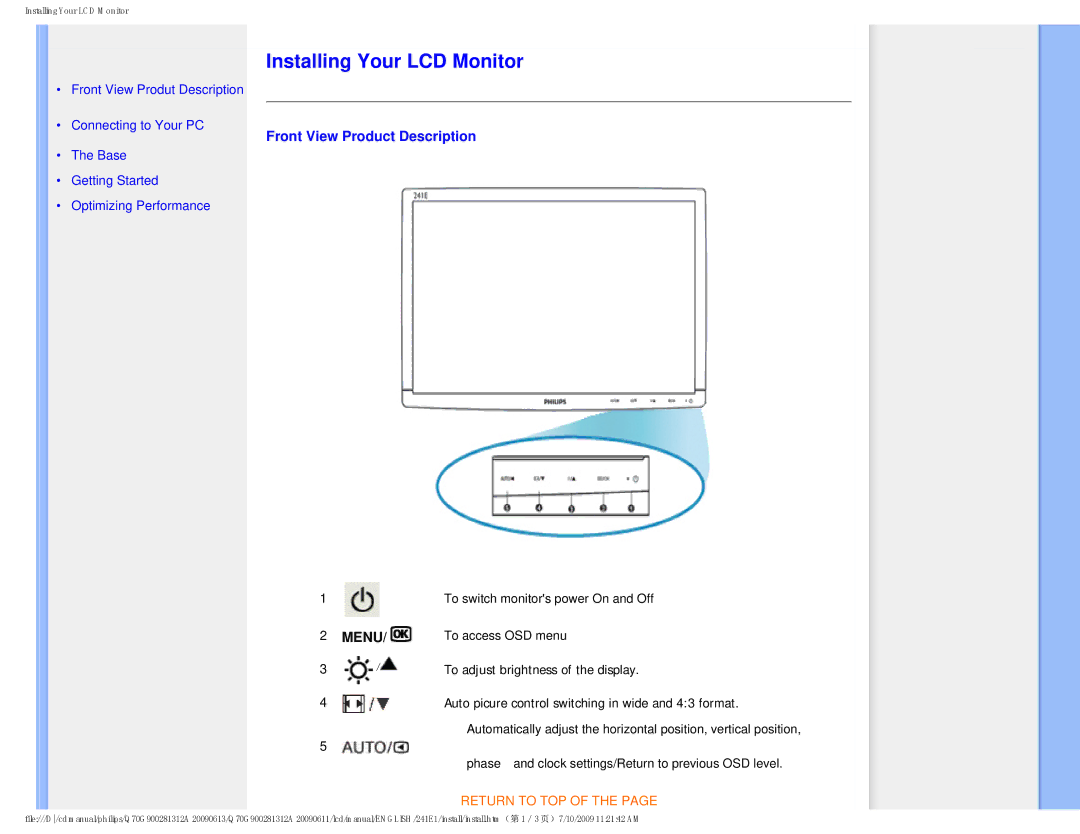 Philips 2.41E+03 user manual Installing Your LCD Monitor, Front View Product Description 