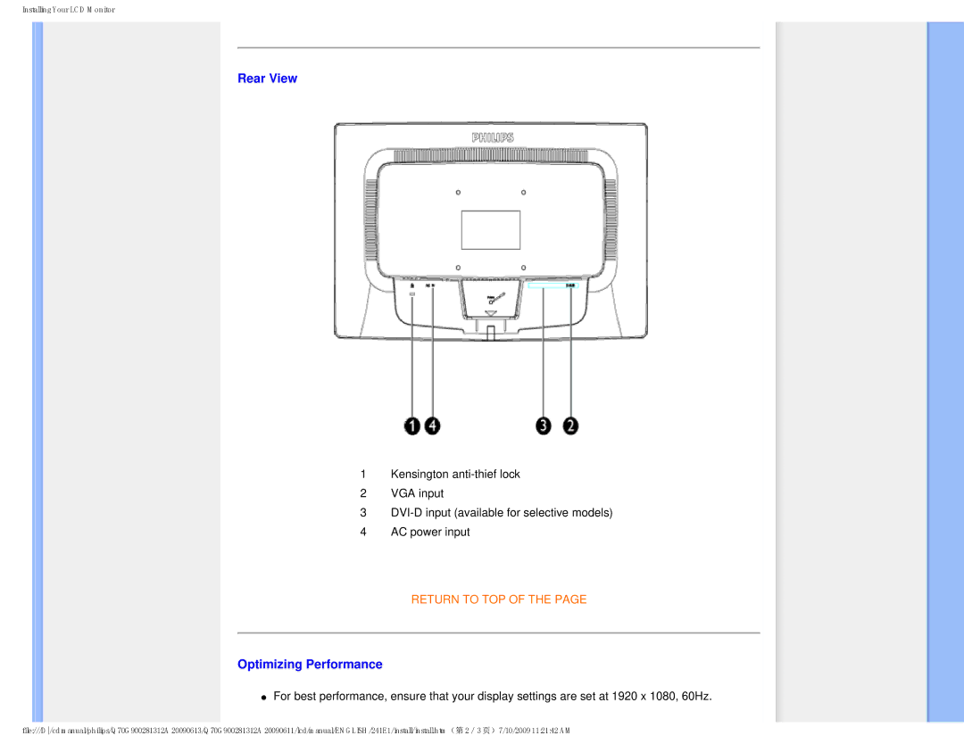 Philips 2.41E+03 user manual Rear View, Optimizing Performance 