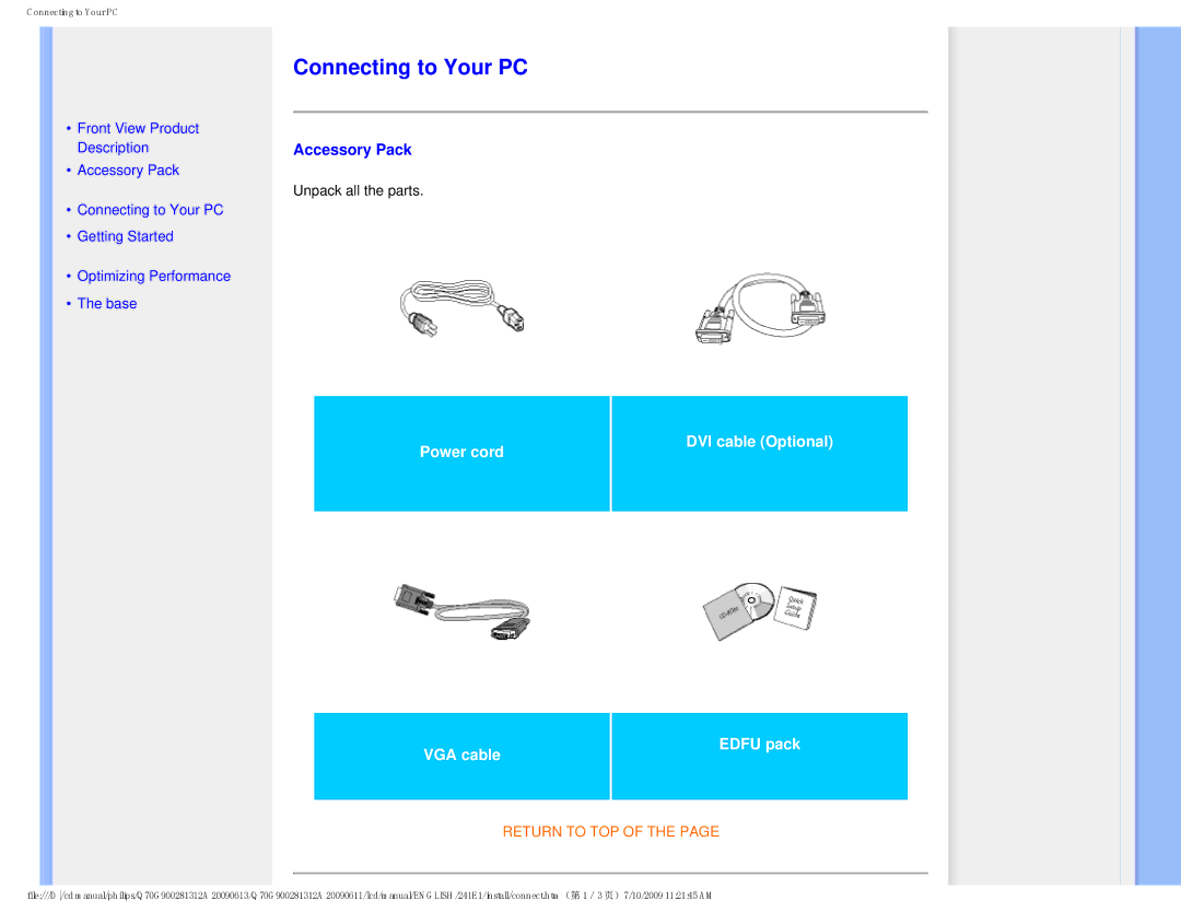 Philips 2.41E+03 user manual Connecting to Your PC, Accessory Pack 