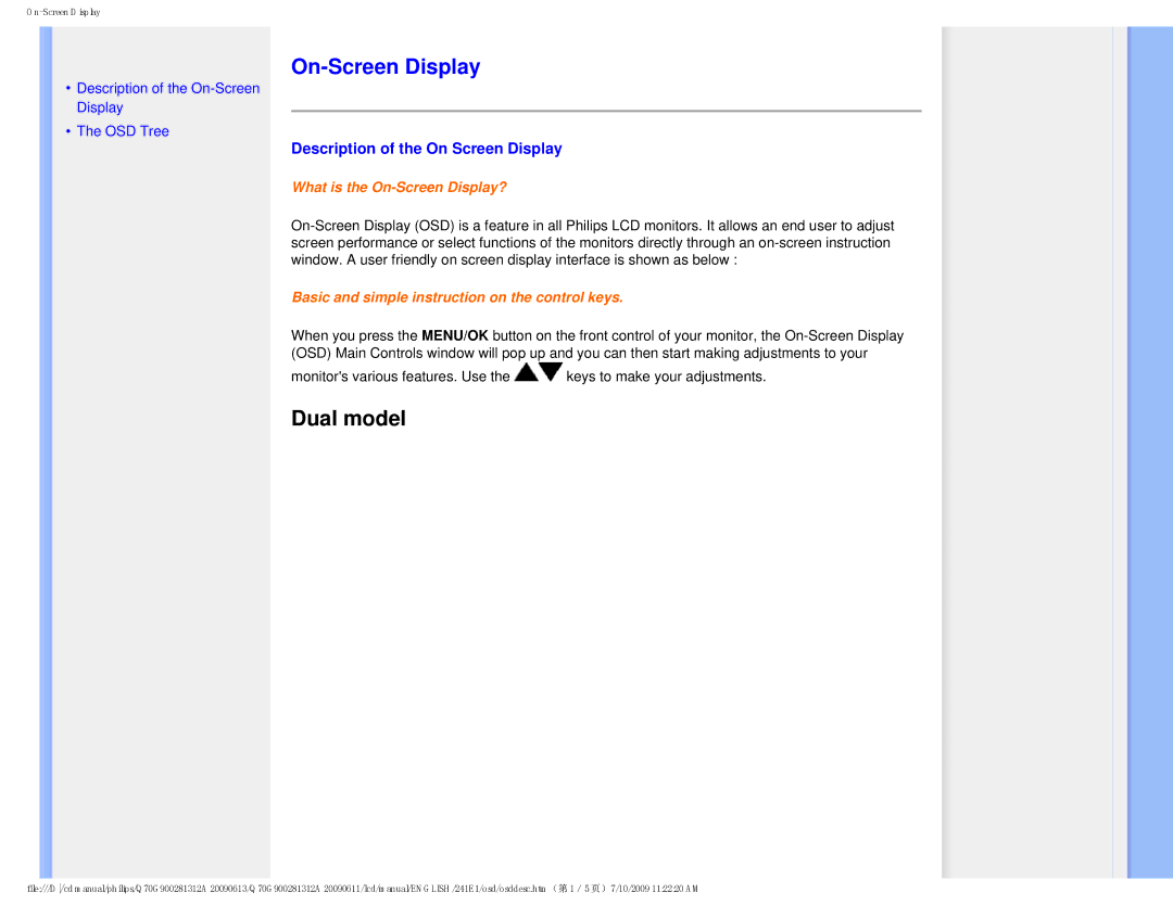 Philips 2.41E+03 user manual On-Screen Display, Description of the On Screen Display 