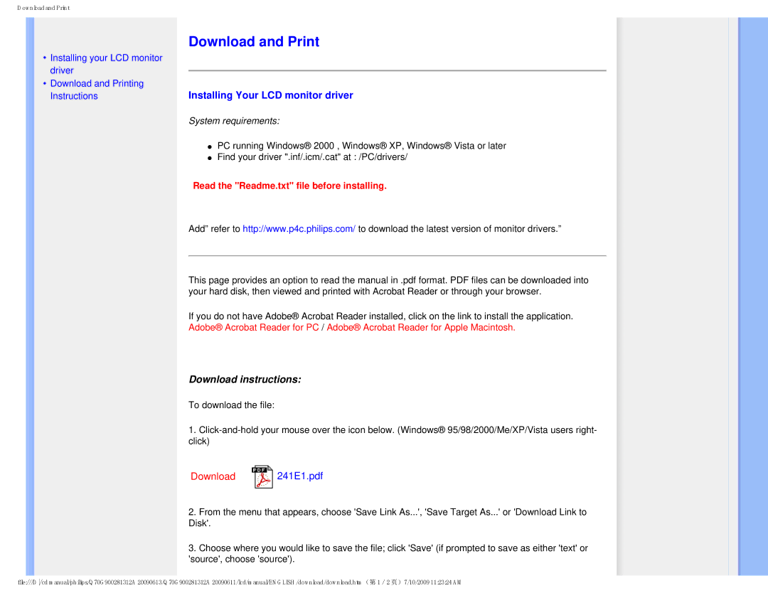 Philips 2.41E+03 user manual Download and Print, Installing Your LCD monitor driver 