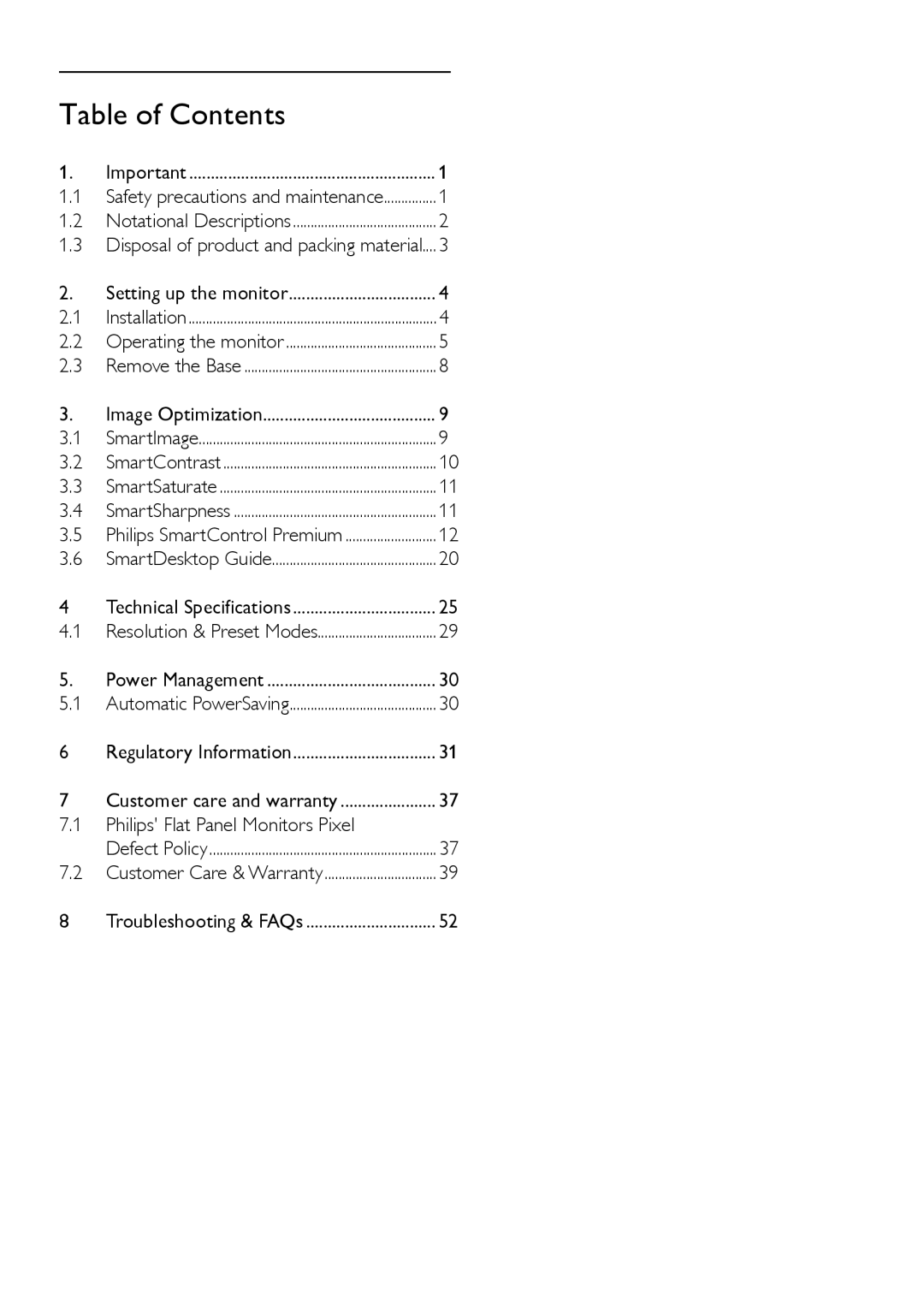 Philips 241P3 user manual Table of Contents 