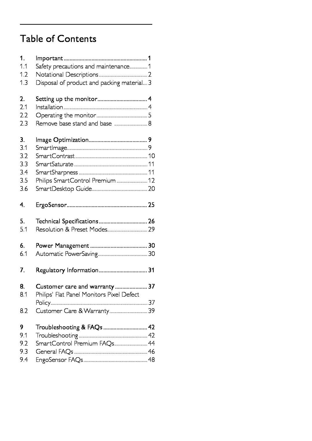 Philips 241P4LRY user manual Table of Contents 