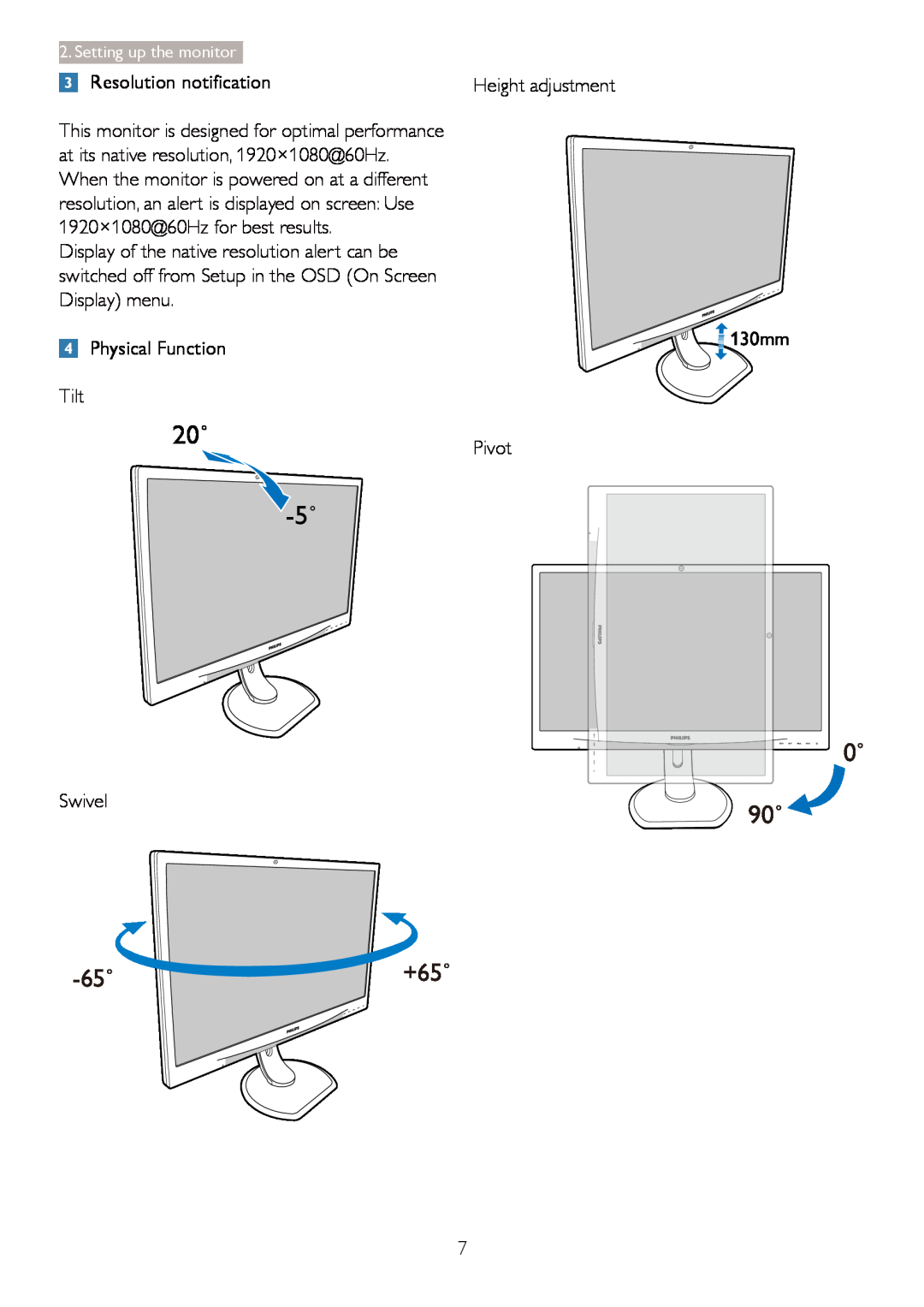 Philips 241P4LRY Resolution notification, Physical Function, Tilt, Pivot, Swivel, 65˚+65˚, Setting up the monitor 